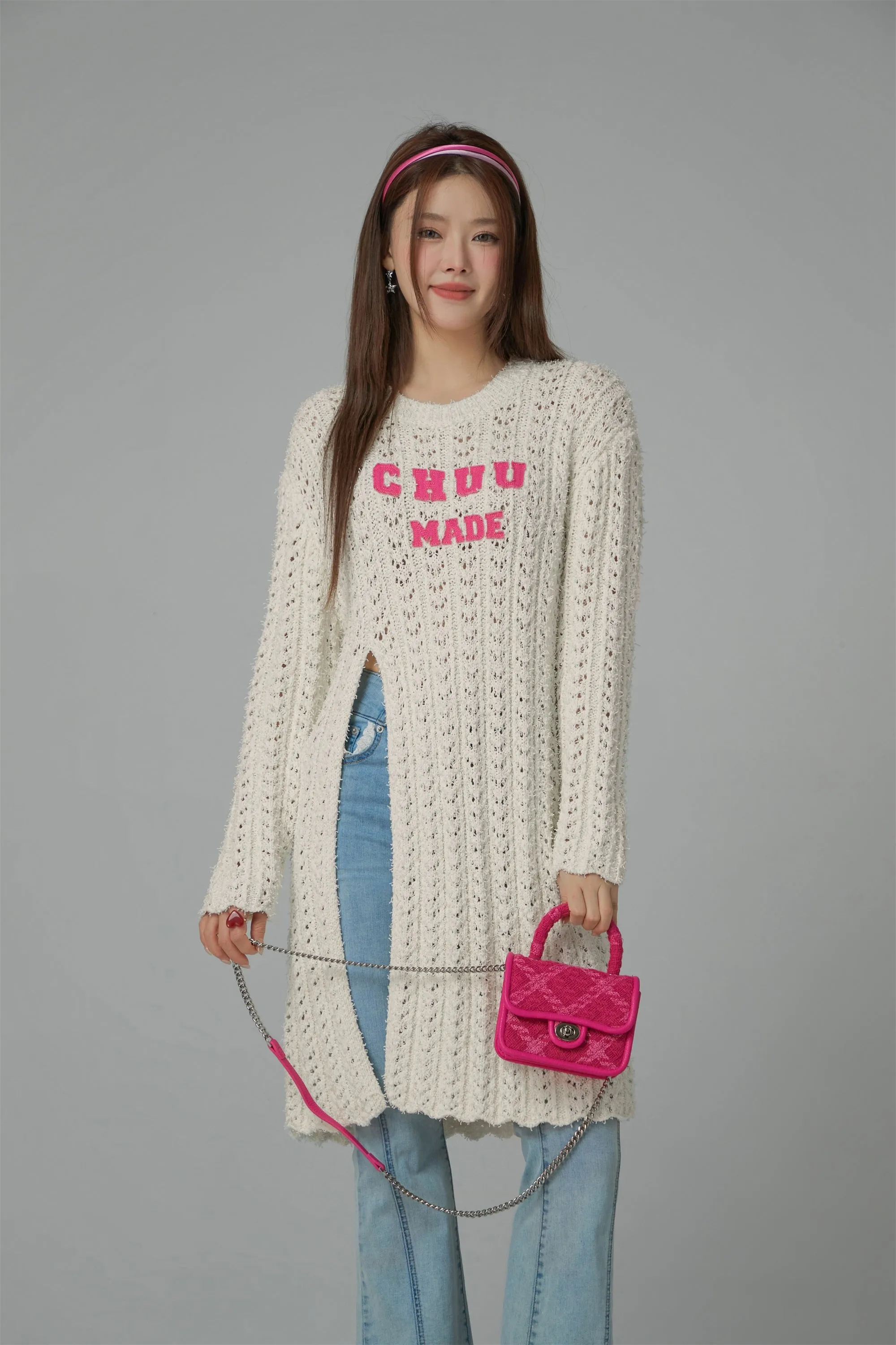 Crochet Side Slit Knit Long Sweater Dress