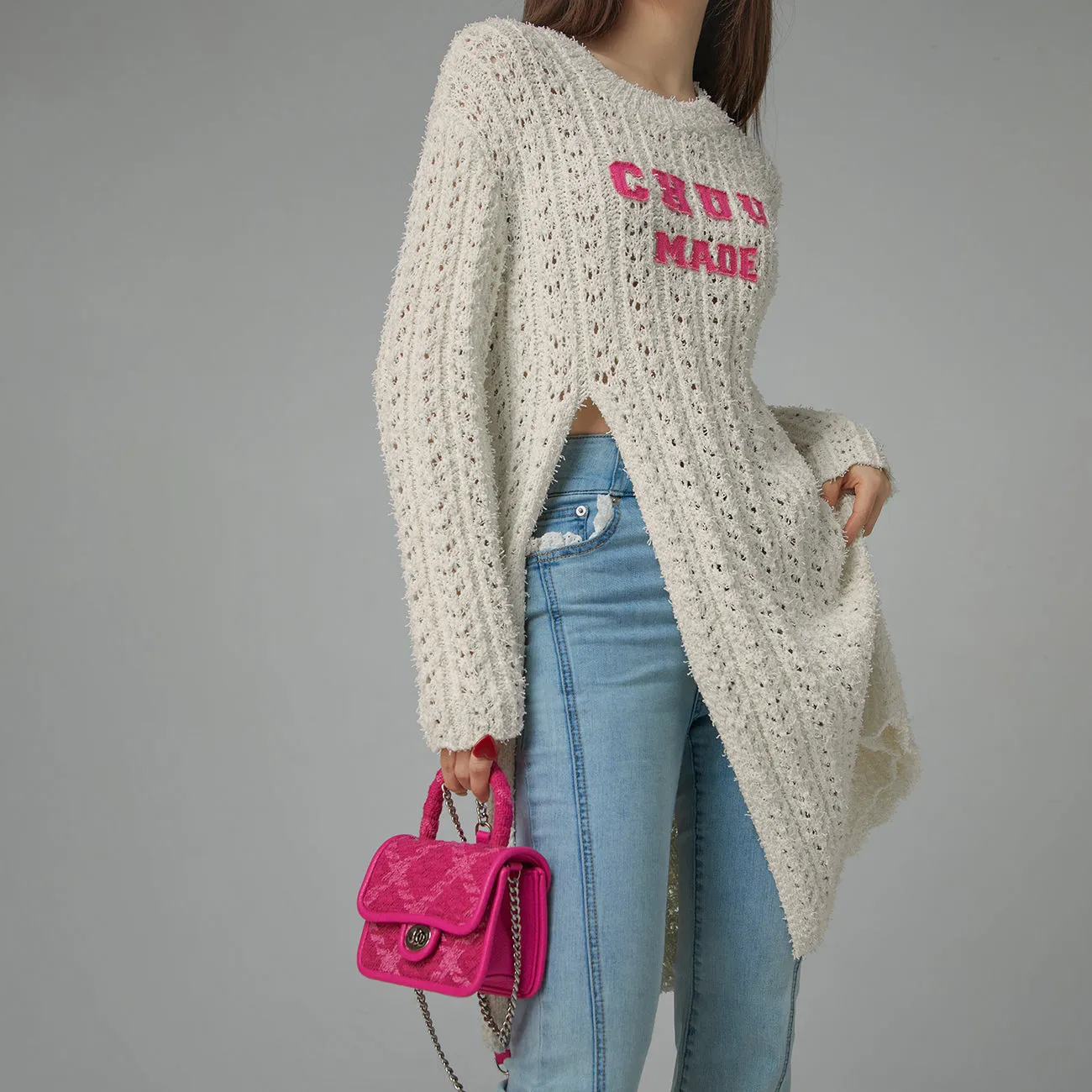 Crochet Side Slit Knit Long Sweater Dress