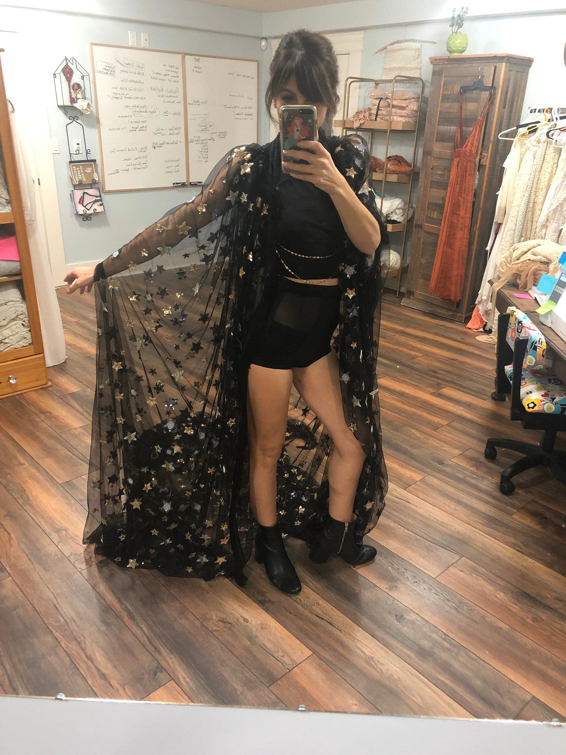 Custom black star glitter cape with pleather fringe and blace lace collar for Teri to fit XS to plus