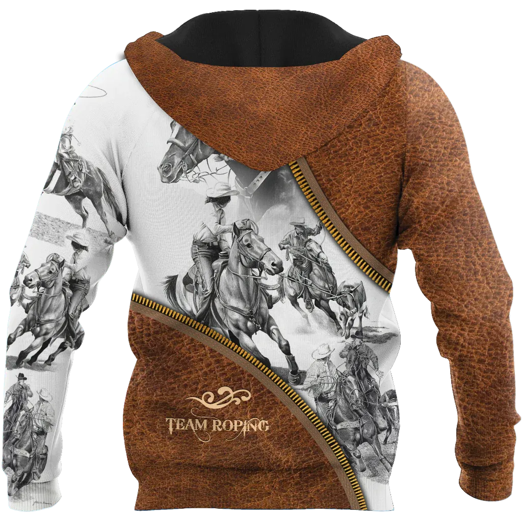 Customized 3D Riding Hoodie Brown Leather Pattern Team Roping Hoodies Rodeo Hoodie