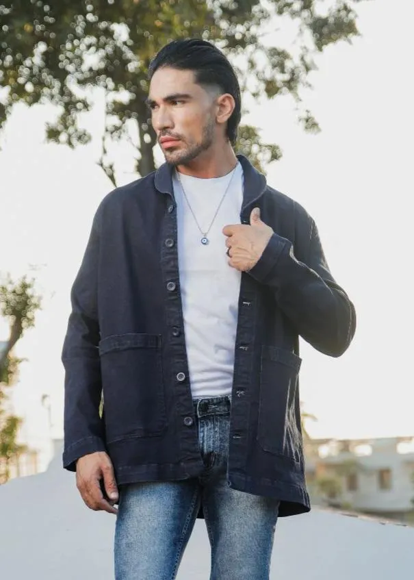 Dark Blue Lapel Shacket & Trendsetter Jeans Look