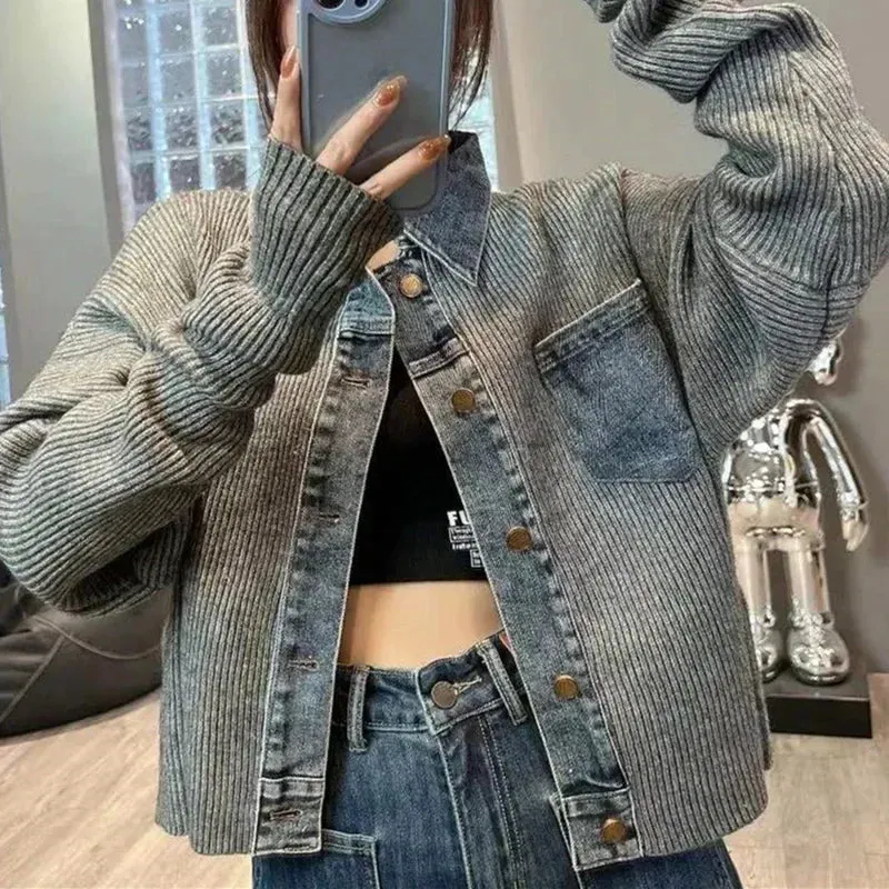 Denim and Knit Patchwork Knitted Western-style Cardigan Jacket