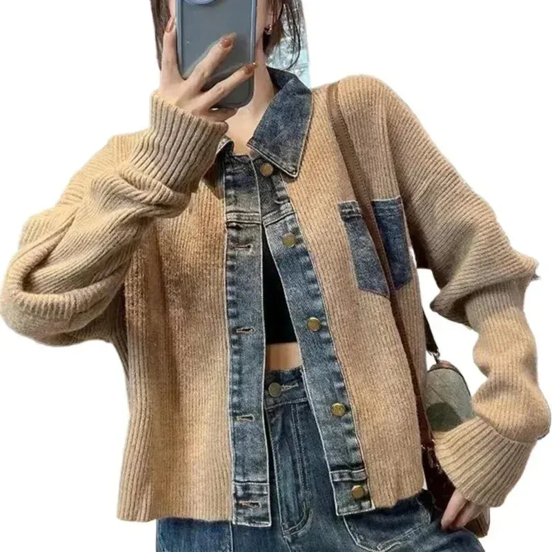 Denim and Knit Patchwork Knitted Western-style Cardigan Jacket