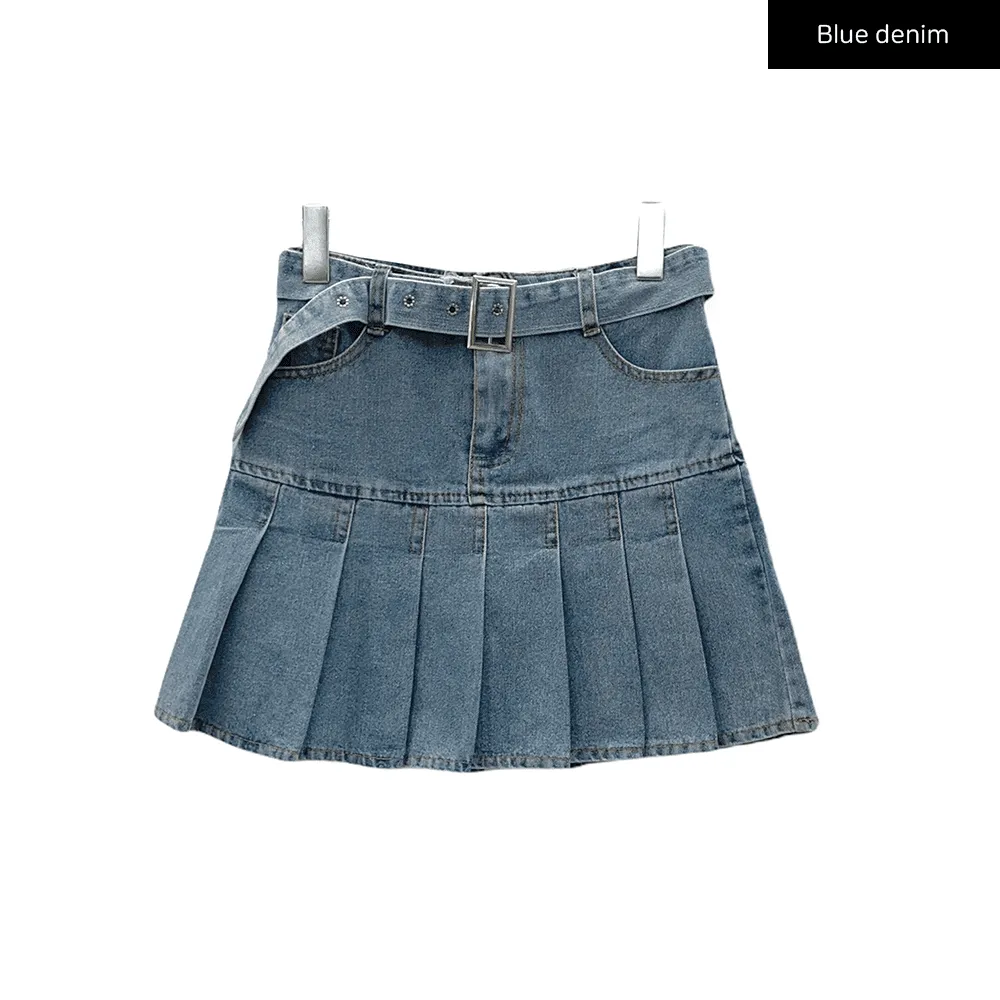 Denim Pleated Mini Skirt