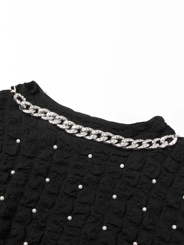 Designer Patchwork Pearls Sweatshirt For Women Round Neck Long Sleeve Spliced Chain Temperament Sweatshirts Female