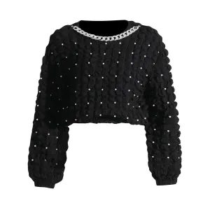 Designer Patchwork Pearls Sweatshirt For Women Round Neck Long Sleeve Spliced Chain Temperament Sweatshirts Female