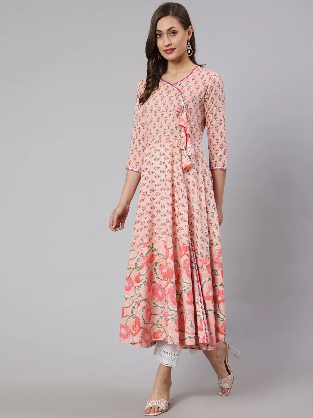 DRESS - PEACH, COTTON PRINTED ANKLE LENGTH FLARED