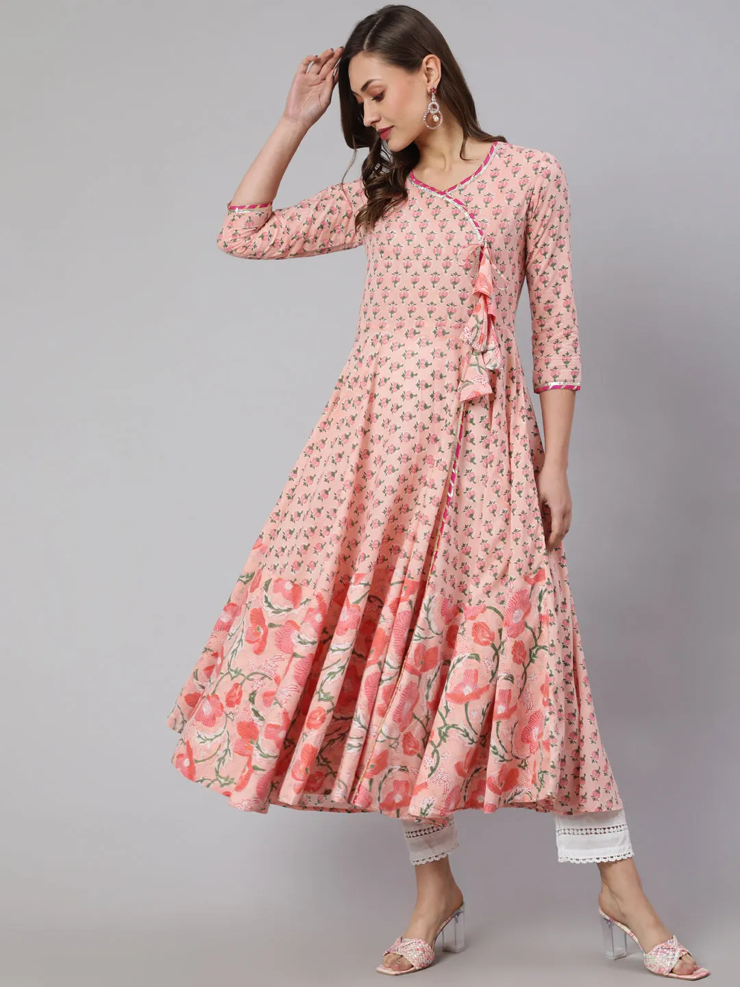 DRESS - PEACH, COTTON PRINTED ANKLE LENGTH FLARED