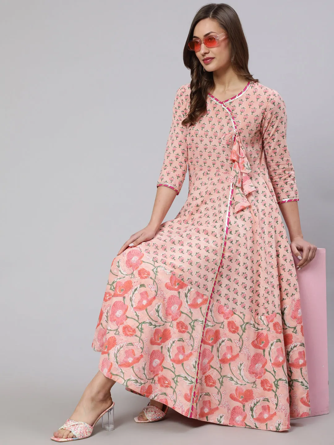 DRESS - PEACH, COTTON PRINTED ANKLE LENGTH FLARED