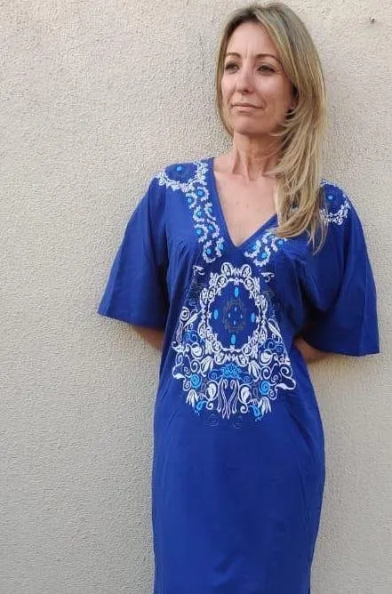 Electric Blue Night Dress with Neck Patch