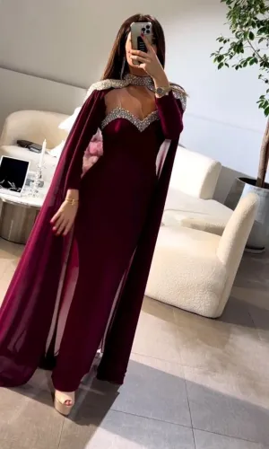 Elegant Middle East Prom Dresses with Chiffon Cape Spaghetti Straps Long Sleeve Evening Gowns Formal Occasion Party Dress       fg6411