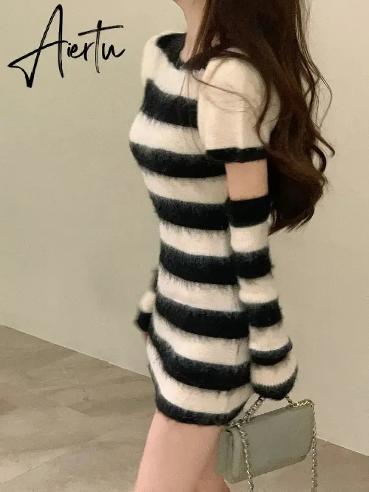 Elegant Striped Knitted Dress Women Design Long Sleeve Y2k Mini Sweater Dress Party One Piece Dress Korean Fashion Autumn