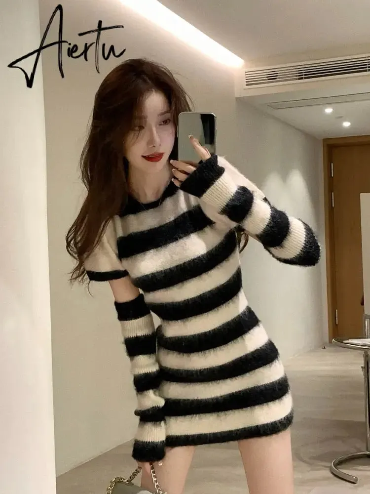 Elegant Striped Knitted Dress Women Design Long Sleeve Y2k Mini Sweater Dress Party One Piece Dress Korean Fashion Autumn