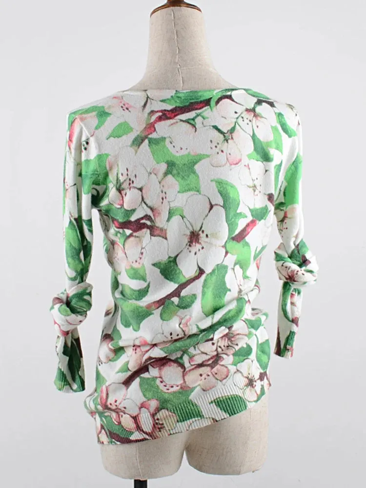 Fall Winter Green Floral Pullover Sweater Women Basic Print Knitwear V-neck Long Sleeve Elegant Lady High Elastic B-022