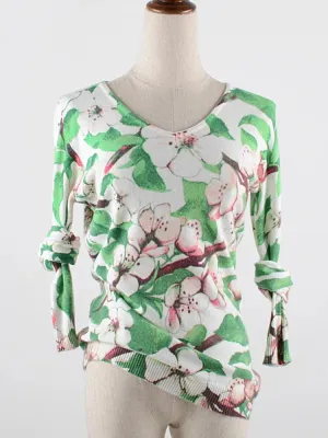 Fall Winter Green Floral Pullover Sweater Women Basic Print Knitwear V-neck Long Sleeve Elegant Lady High Elastic B-022