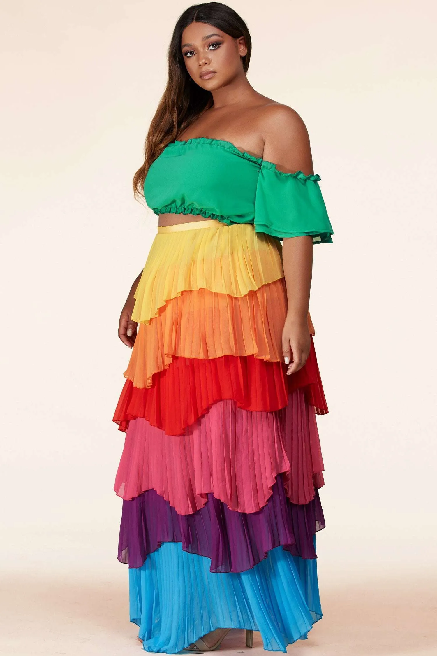 Fasheabe Color-Block Maxi Skirt Set and Off The Shoulder Crop Top