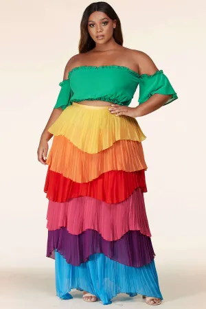 Fasheabe Color-Block Maxi Skirt Set and Off The Shoulder Crop Top