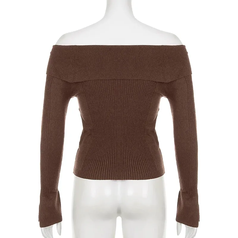 Fashion Brown Off Shoulder Knitted Sweater for Wmen Slim Basic Top Autumn Pullover Vintage Knitwear Y2K Tierred Chic