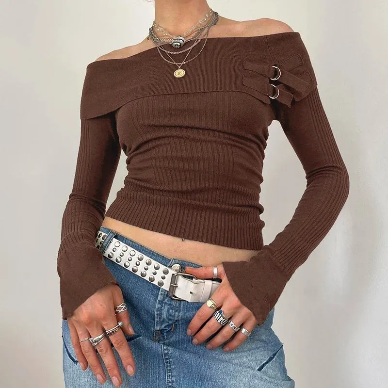 Fashion Brown Off Shoulder Knitted Sweater for Wmen Slim Basic Top Autumn Pullover Vintage Knitwear Y2K Tierred Chic