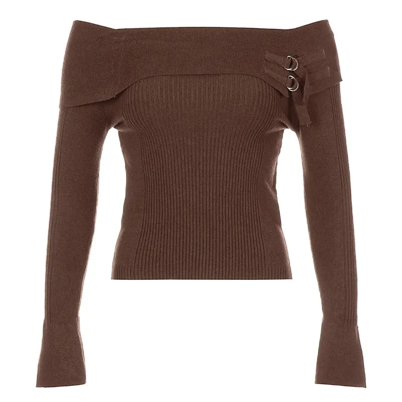 Fashion Brown Off Shoulder Knitted Sweater for Wmen Slim Basic Top Autumn Pullover Vintage Knitwear Y2K Tierred Chic