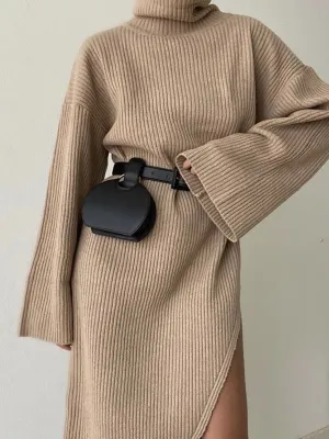 Fashion Casual Solid Color Flared Sleeve Turtleneck Sweater Dress