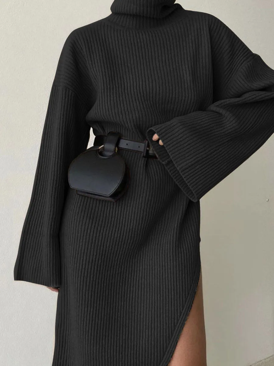 Fashion Casual Solid Color Flared Sleeve Turtleneck Sweater Dress