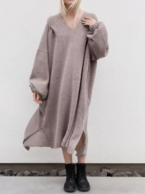 Fashion Loose Solid Color V-neck Lantern Sleeve Casual Dress