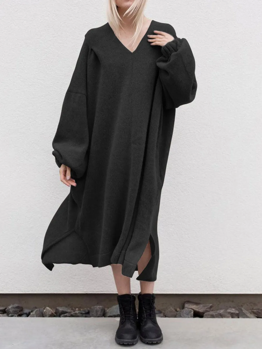 Fashion Loose Solid Color V-neck Lantern Sleeve Casual Dress