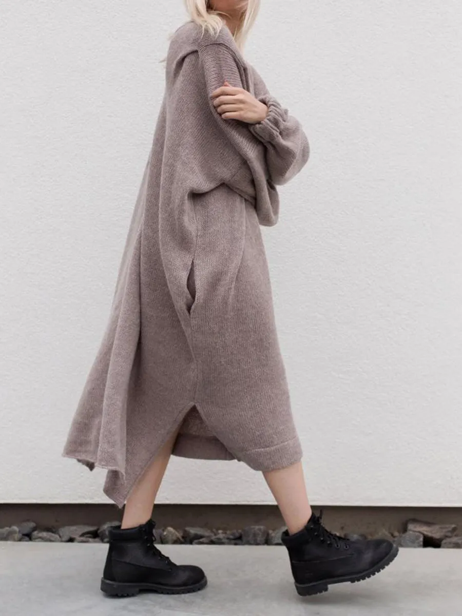 Fashion Loose Solid Color V-neck Lantern Sleeve Casual Dress