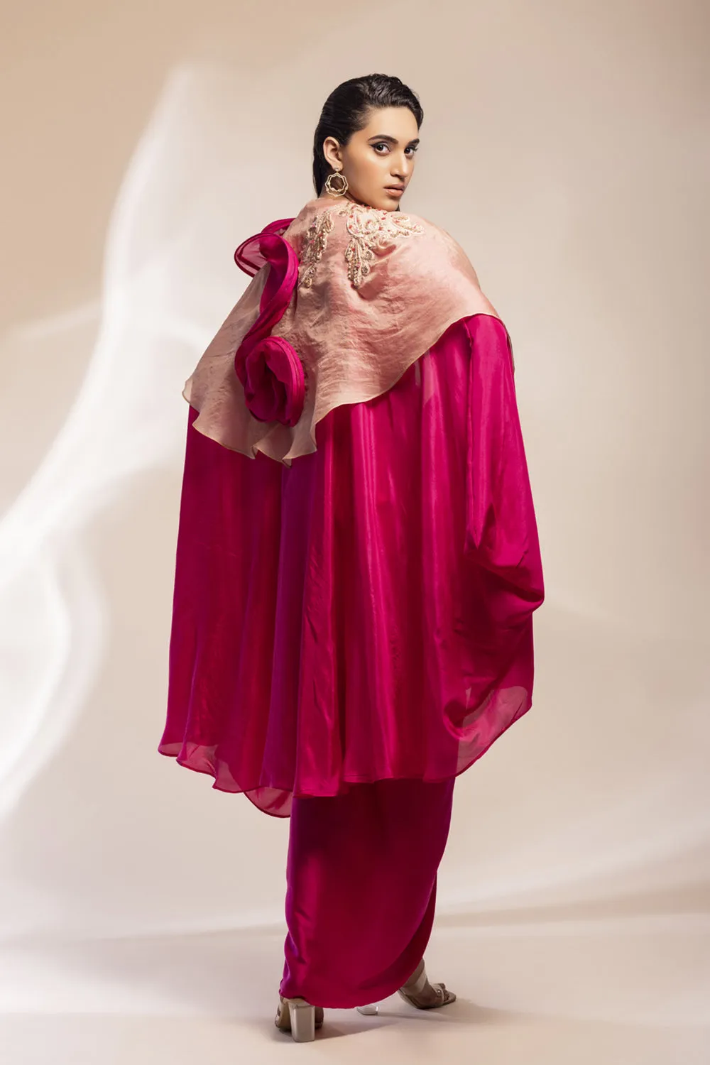 Fuchsia And Champaign Silk Cape With Embroidery, Paired With Satin Modal Dress.