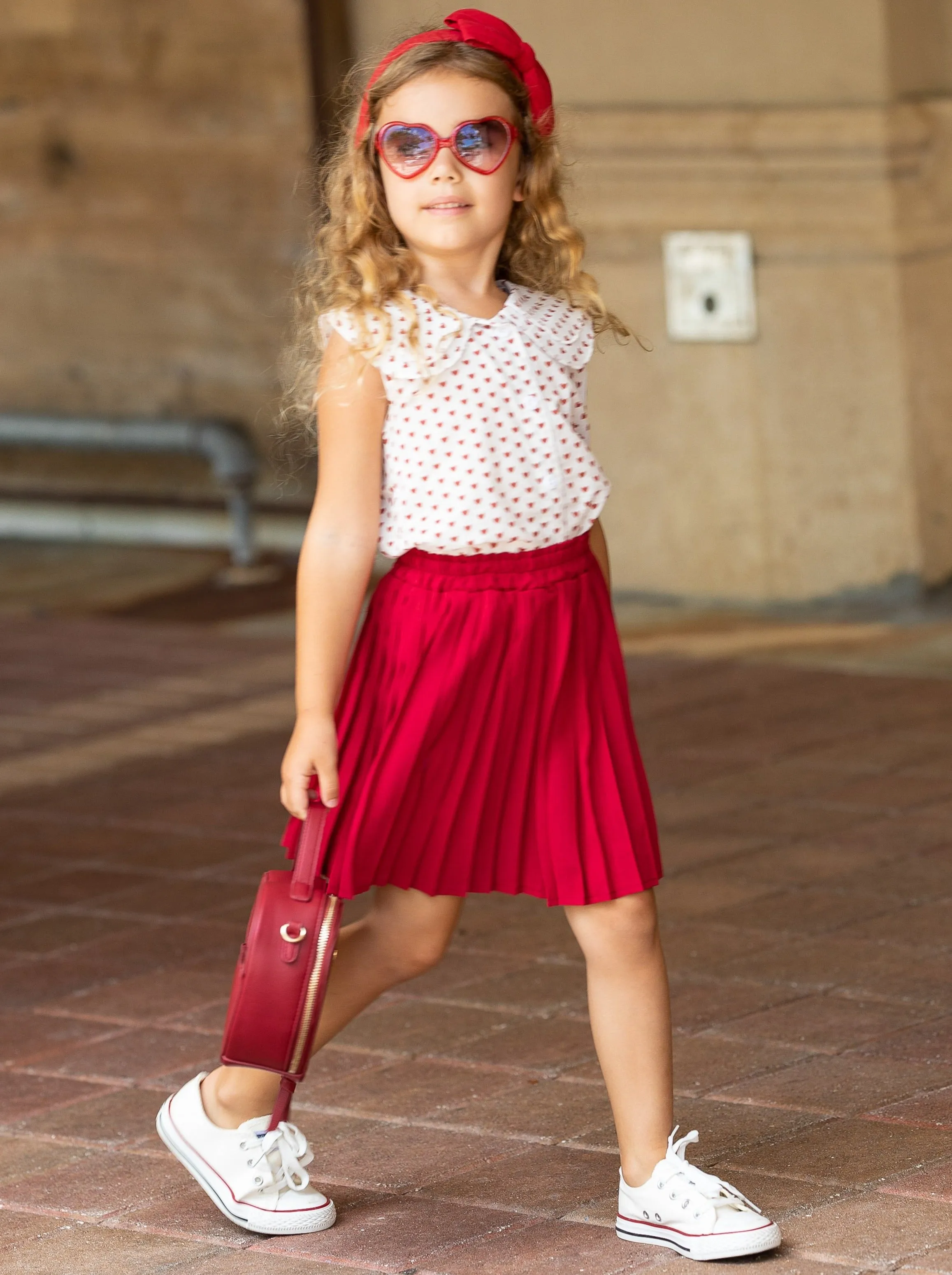 Girls Little Hearts Top and Pleated Skirt Set