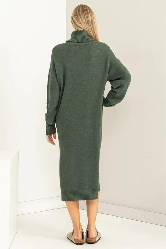 Gray Green Too Cute Turtleneck Sweater Midi Dress