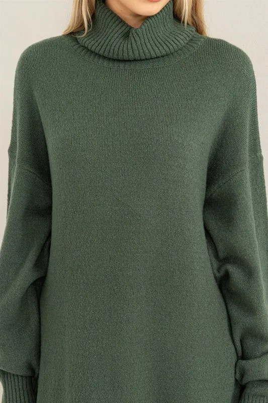 Gray Green Too Cute Turtleneck Sweater Midi Dress