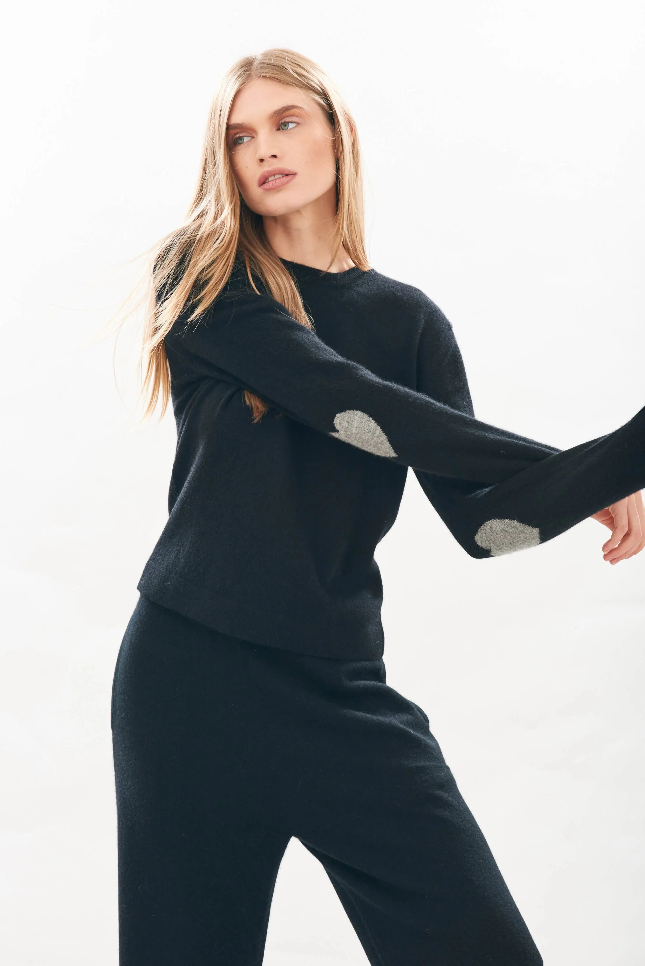 Heart Patch Cashmere Crew in Black and Mid Grey