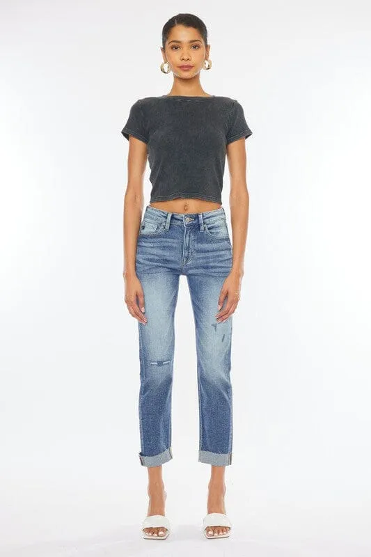 High Rise Cuffed Slim Straight Jeans