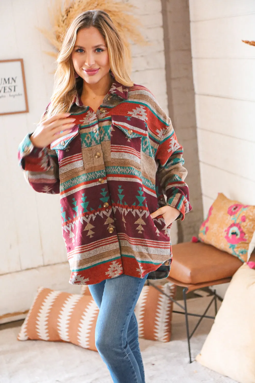 Holiday Aztec Flannel Button Down Pocketed Shacket