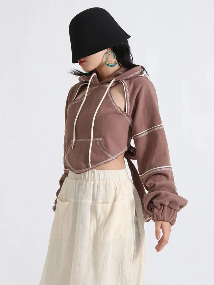 Hollow Out Sweatshirts For Women Hooded Long Sleeve Loose Backless Spliced Lace Up Chic Sweatshirt Female Clothing