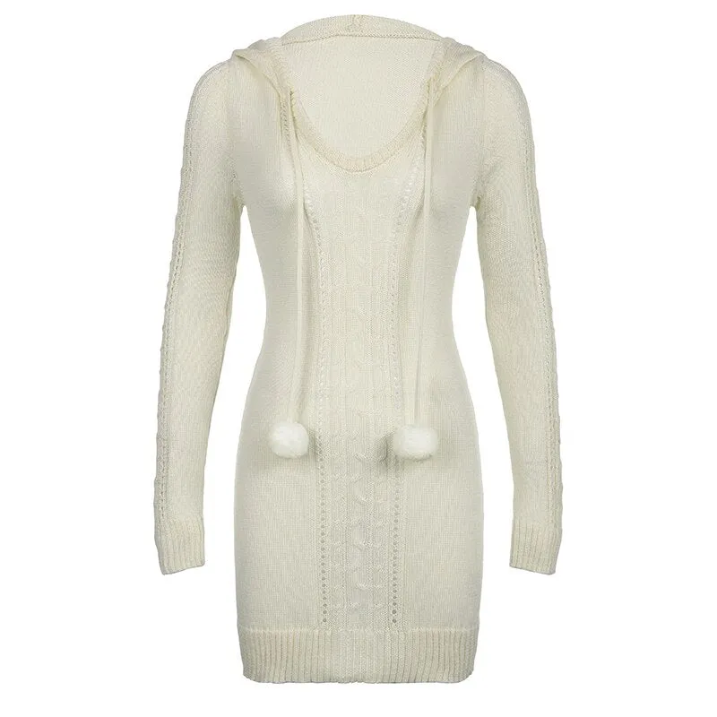 Hooded Knitted Sweater Hairball Mini Dress