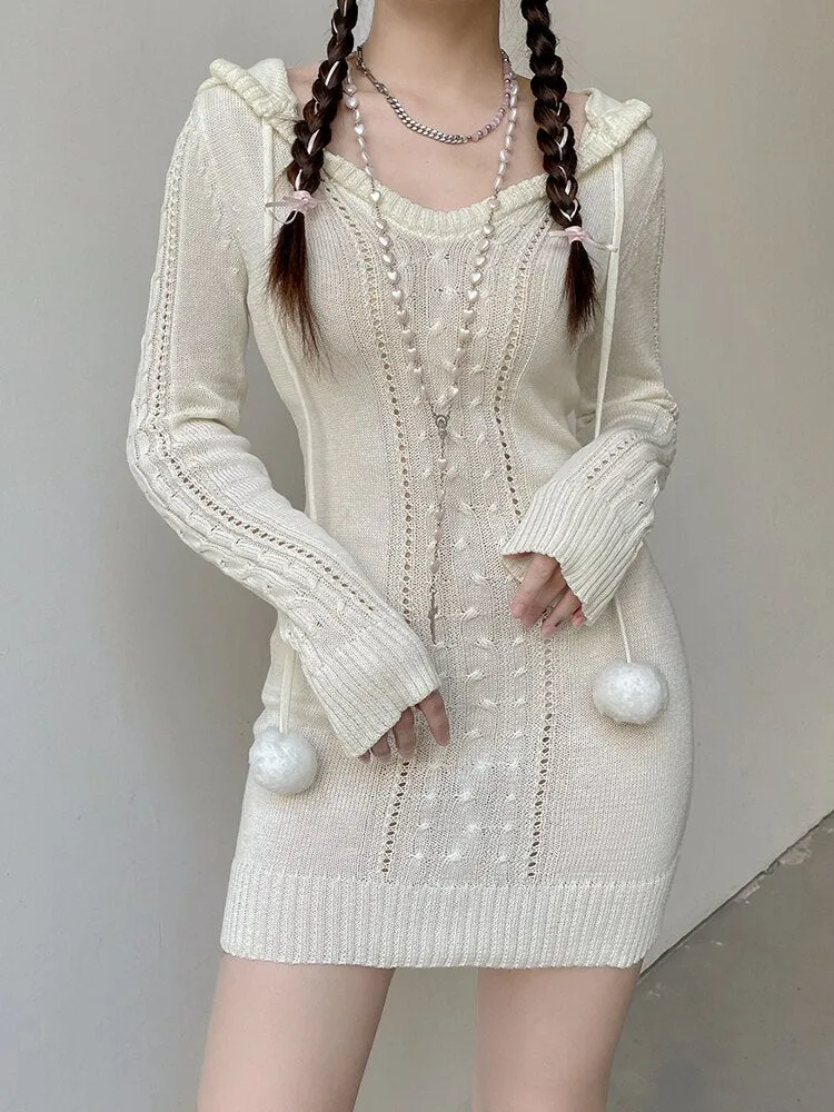 Hooded Knitted Sweater Hairball Mini Dress