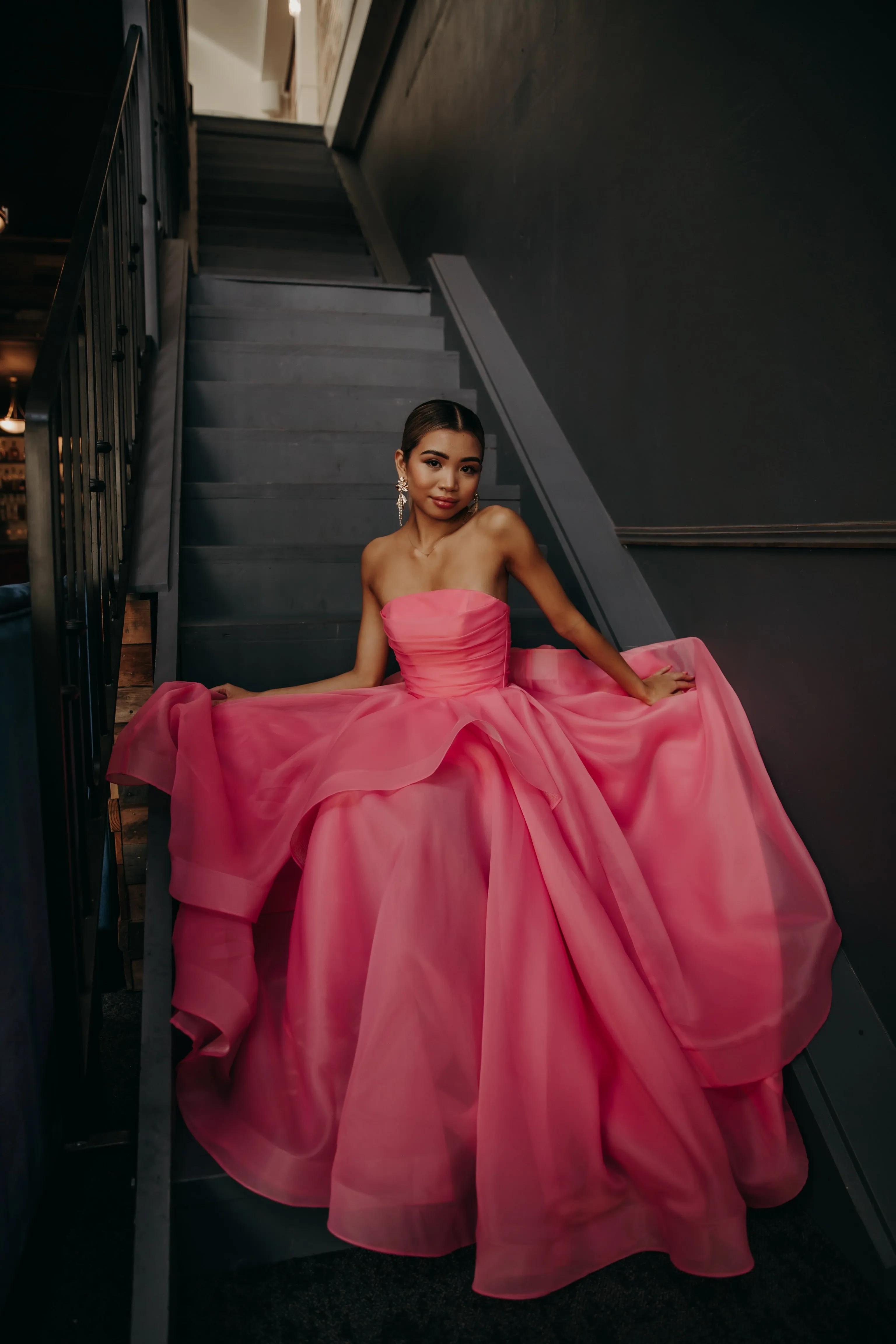 Hot Pink Organza ruffled dress with lace up back