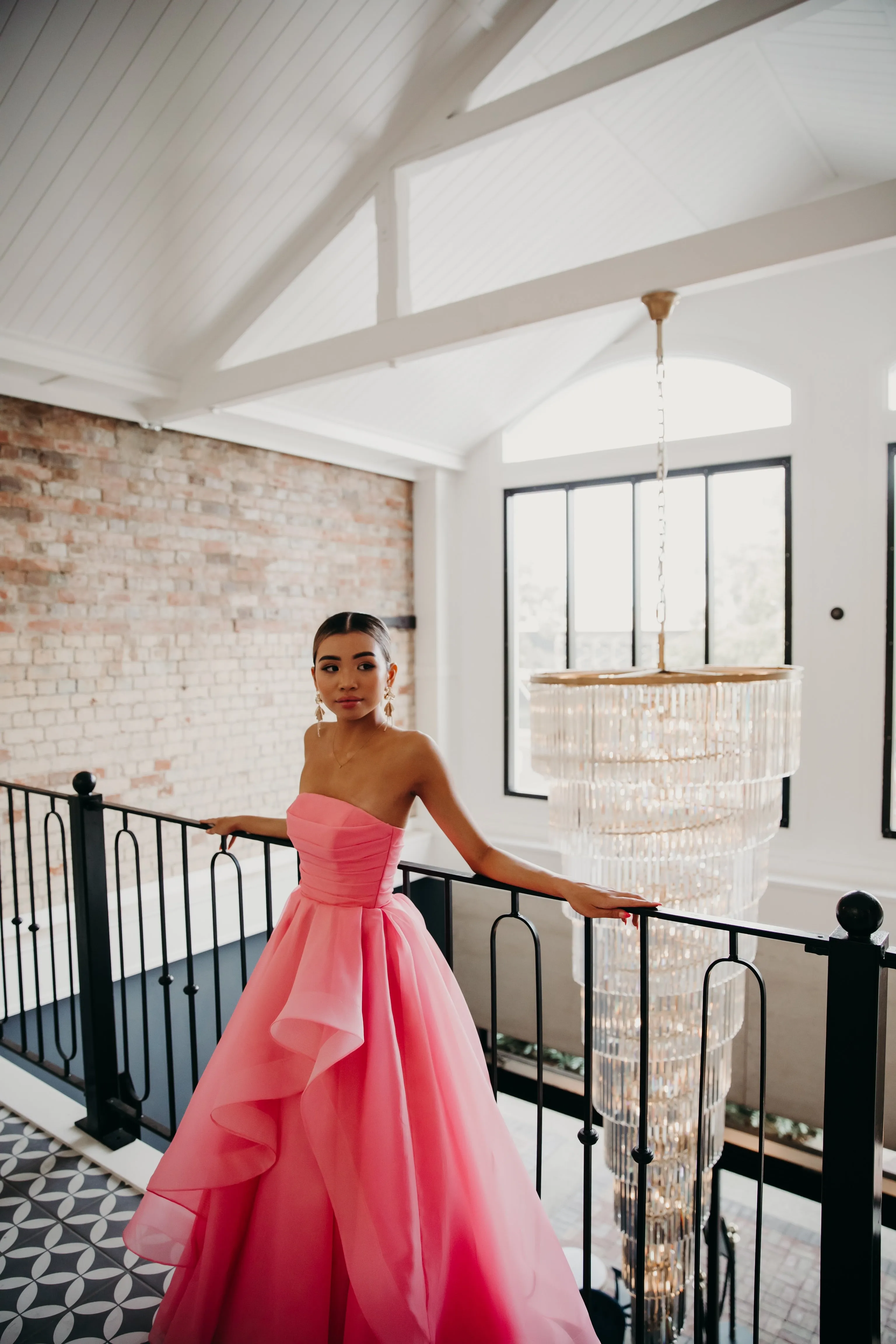 Hot Pink Organza ruffled dress with lace up back