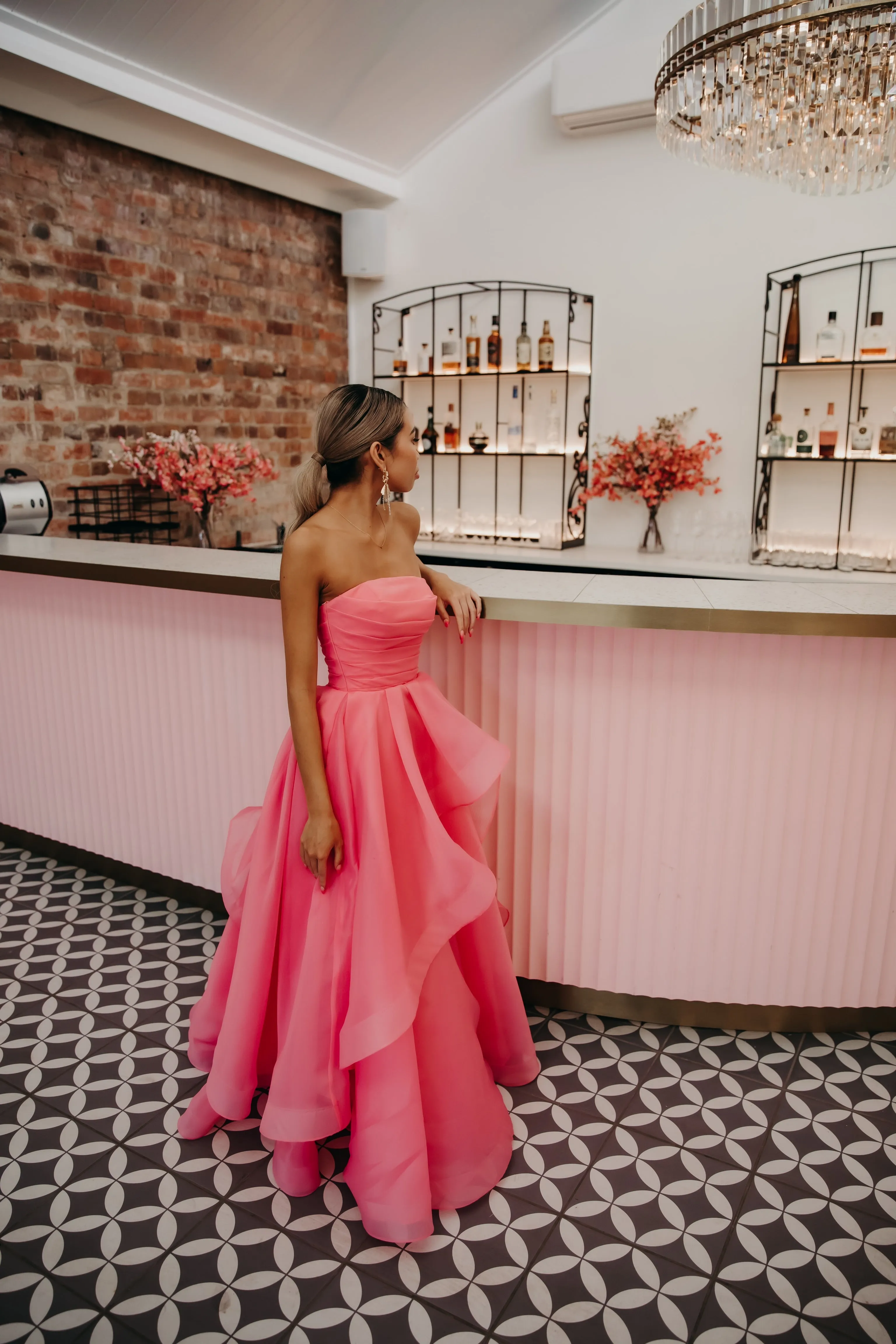 Hot Pink Organza ruffled dress with lace up back