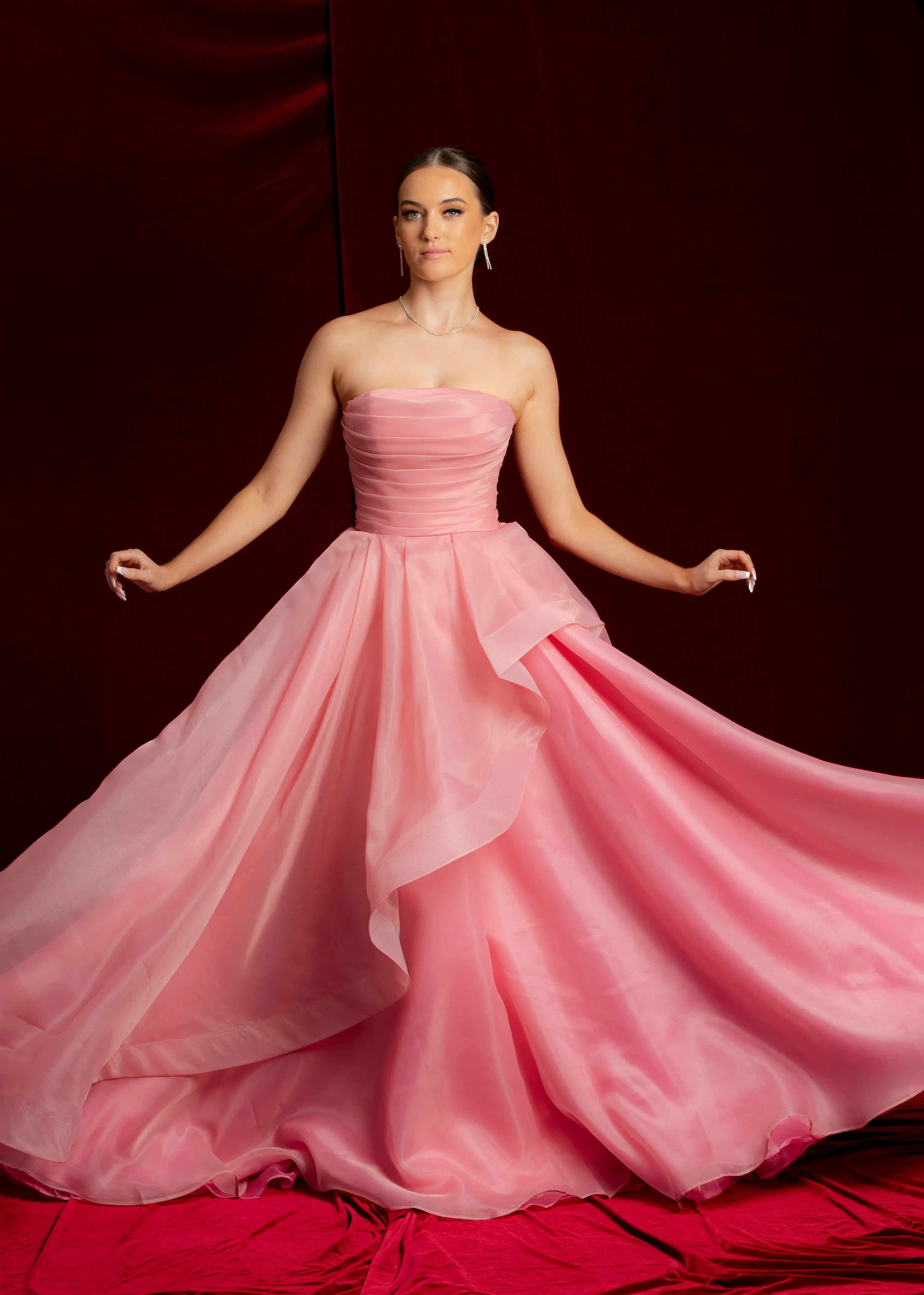 Hot Pink Organza ruffled dress with lace up back