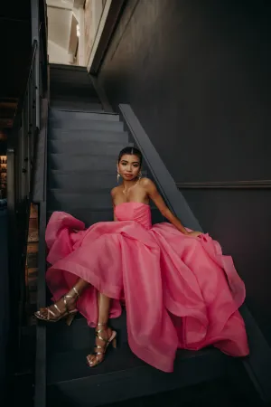 Hot Pink Organza ruffled dress with lace up back