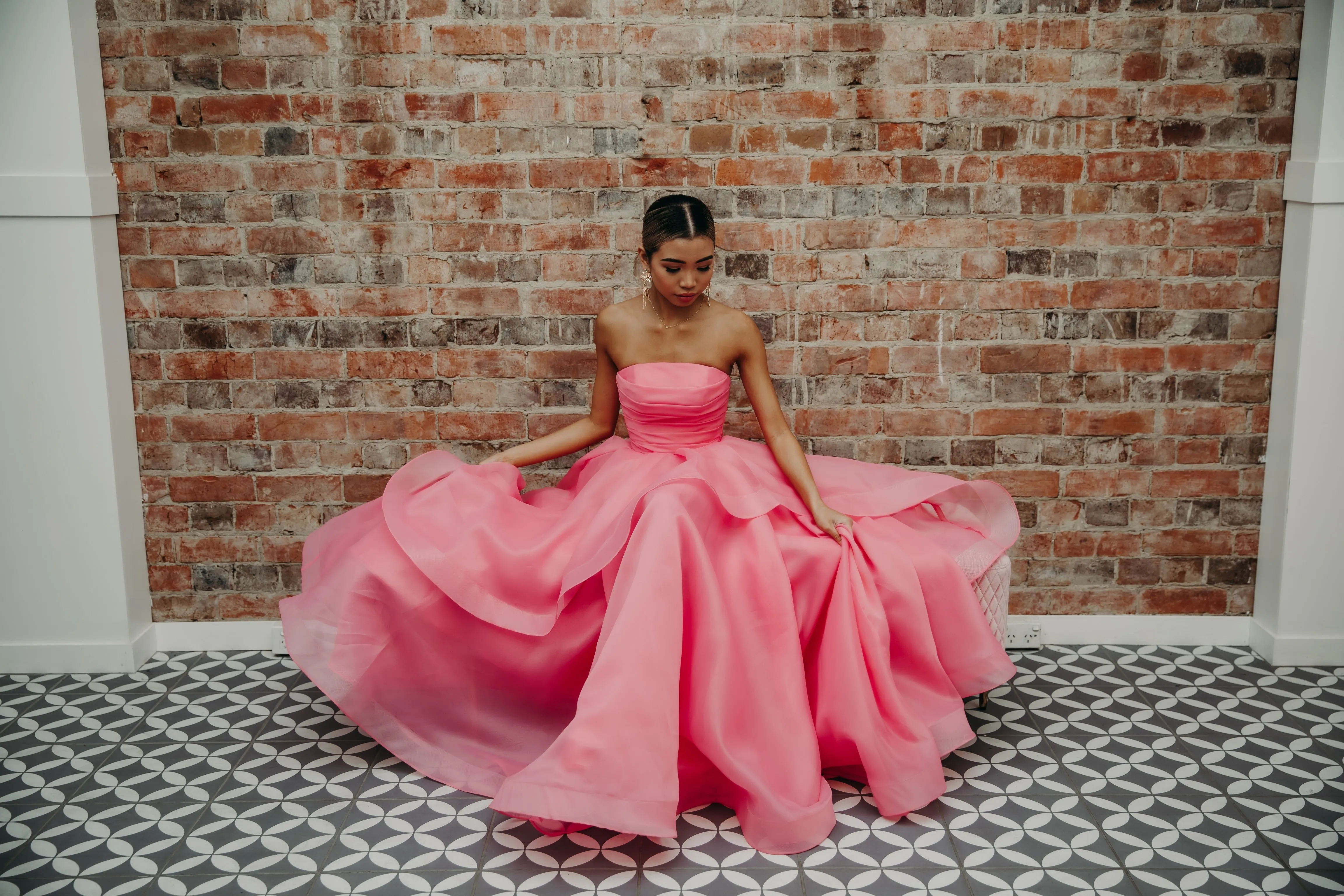 Hot Pink Organza ruffled dress with lace up back