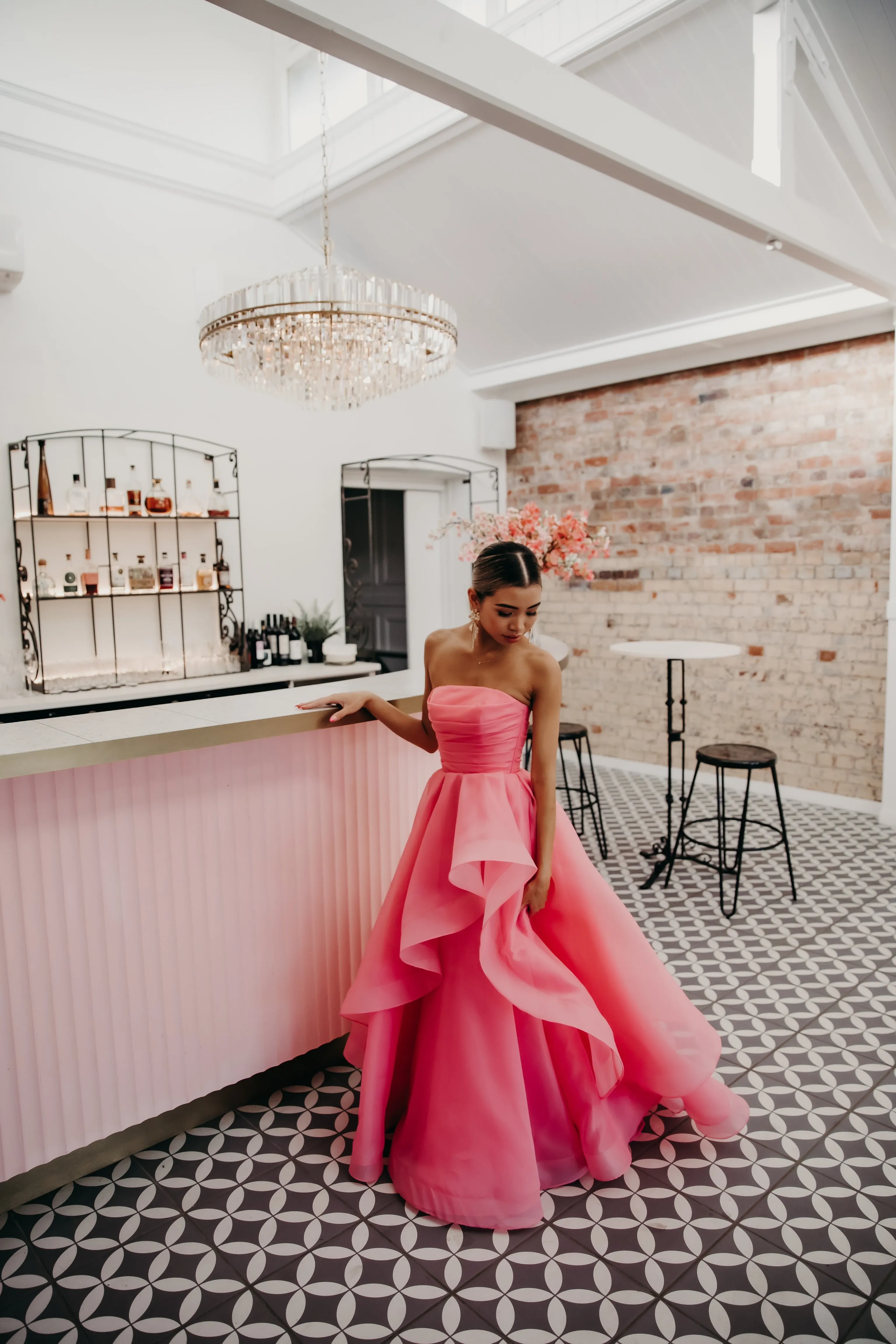 Hot Pink Organza ruffled dress with lace up back