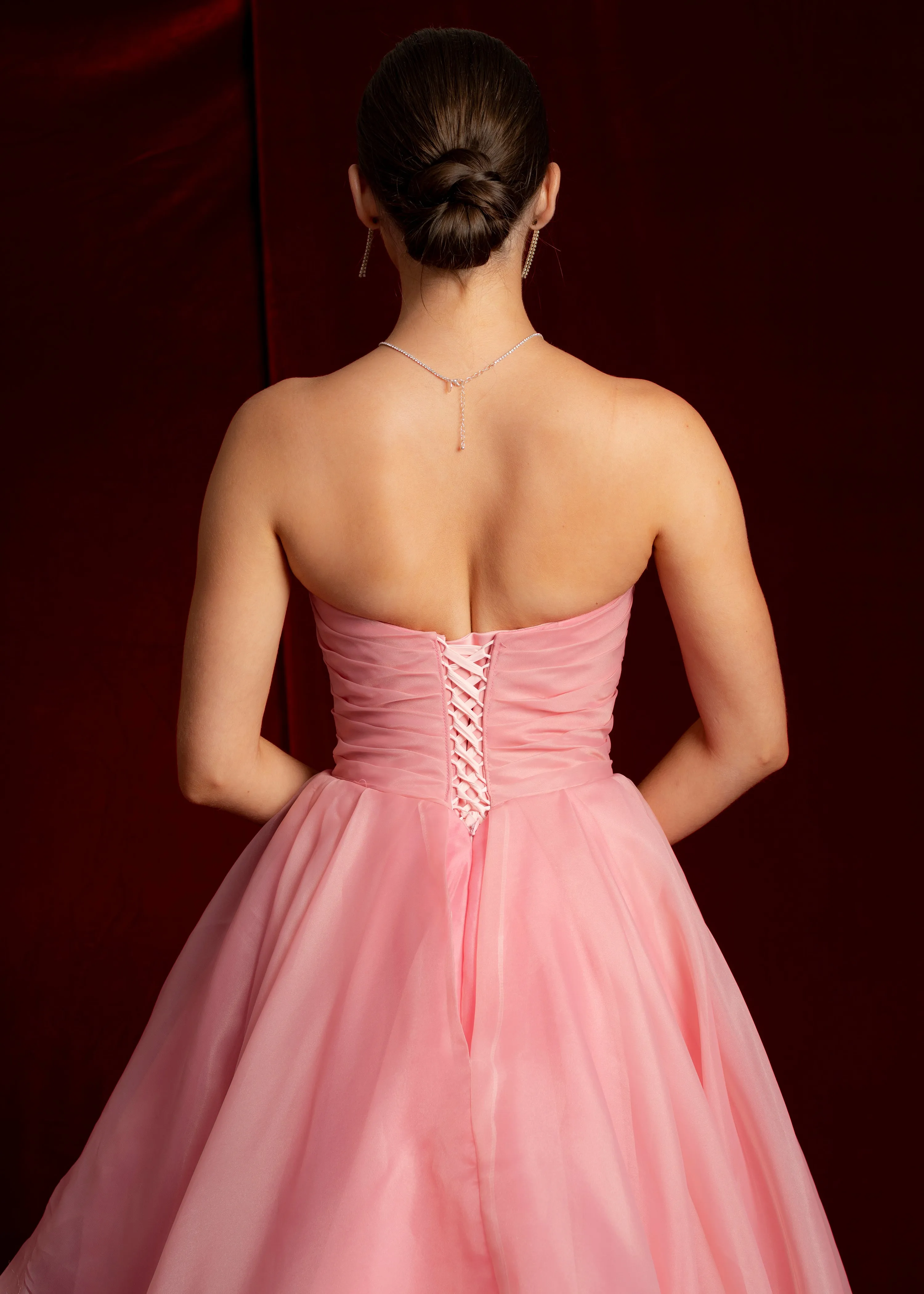 Hot Pink Organza ruffled dress with lace up back