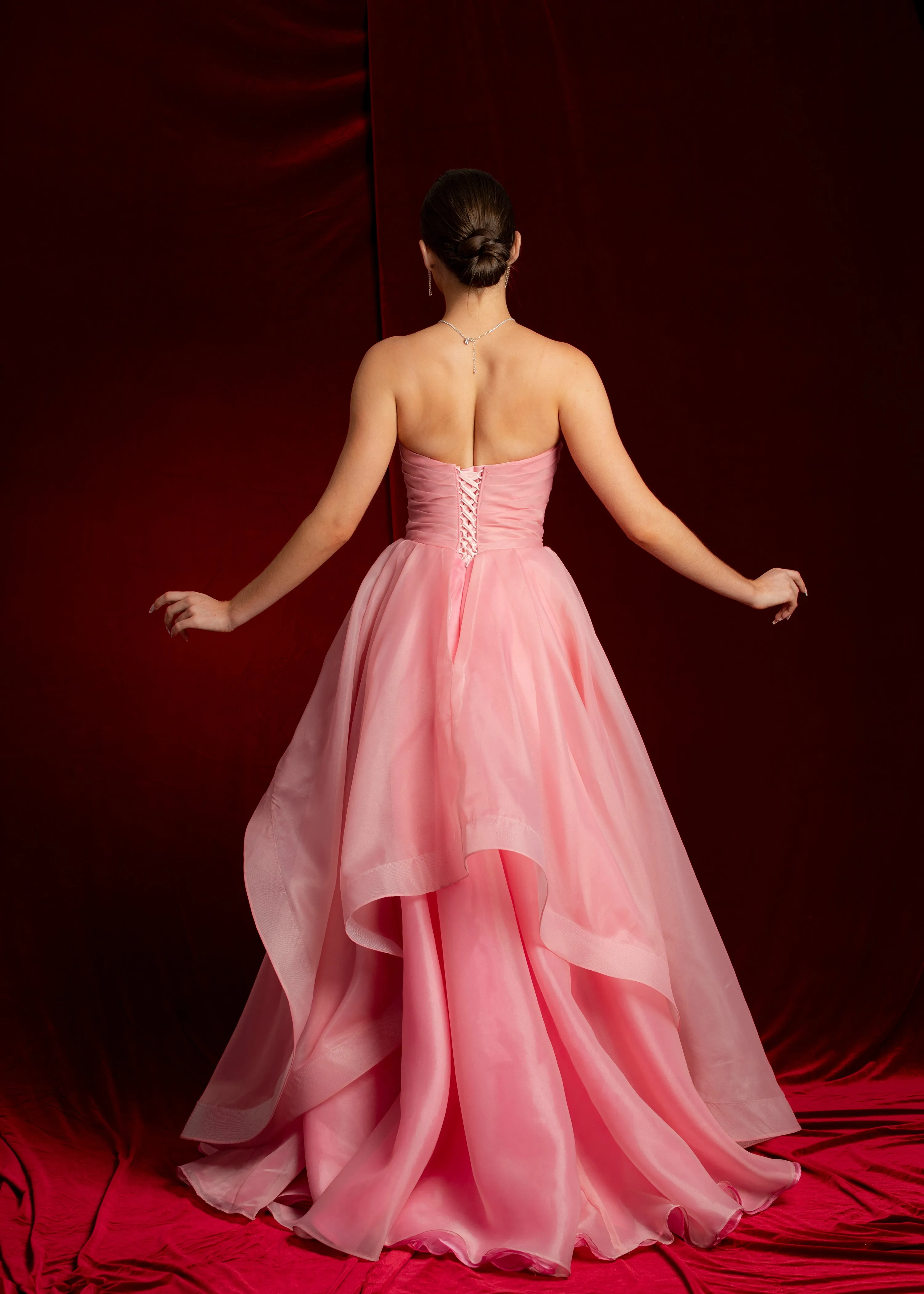 Hot Pink Organza ruffled dress with lace up back