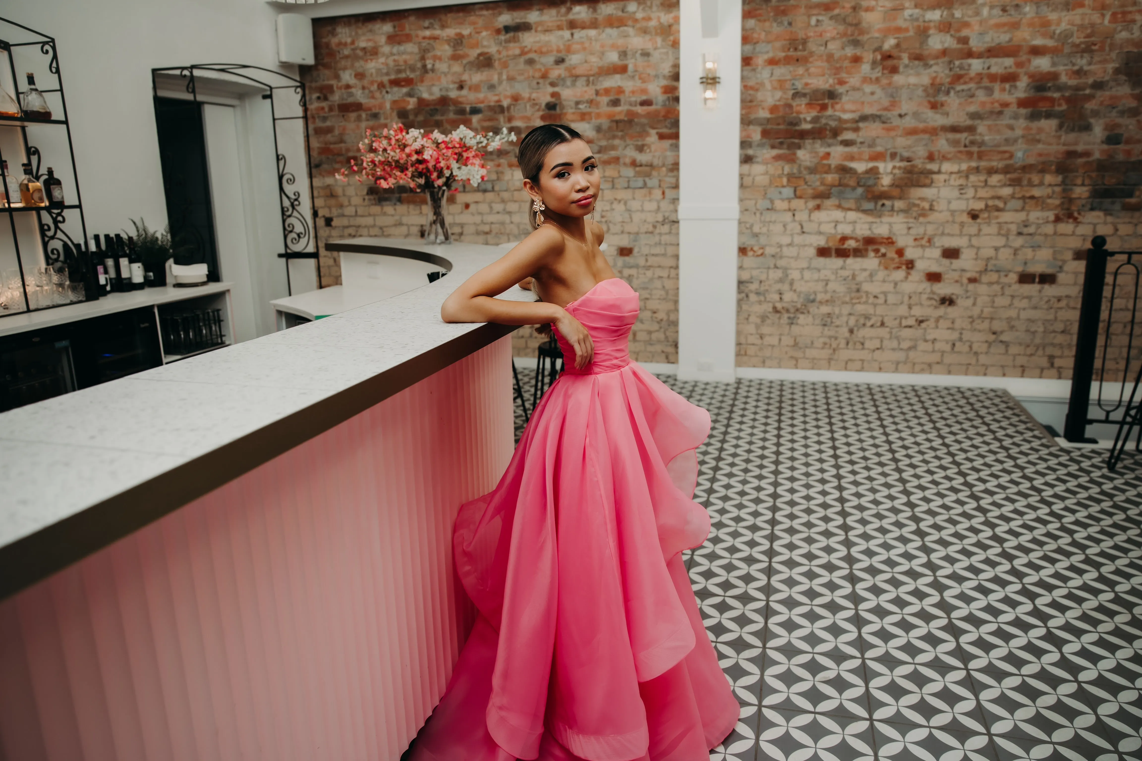 Hot Pink Organza ruffled dress with lace up back