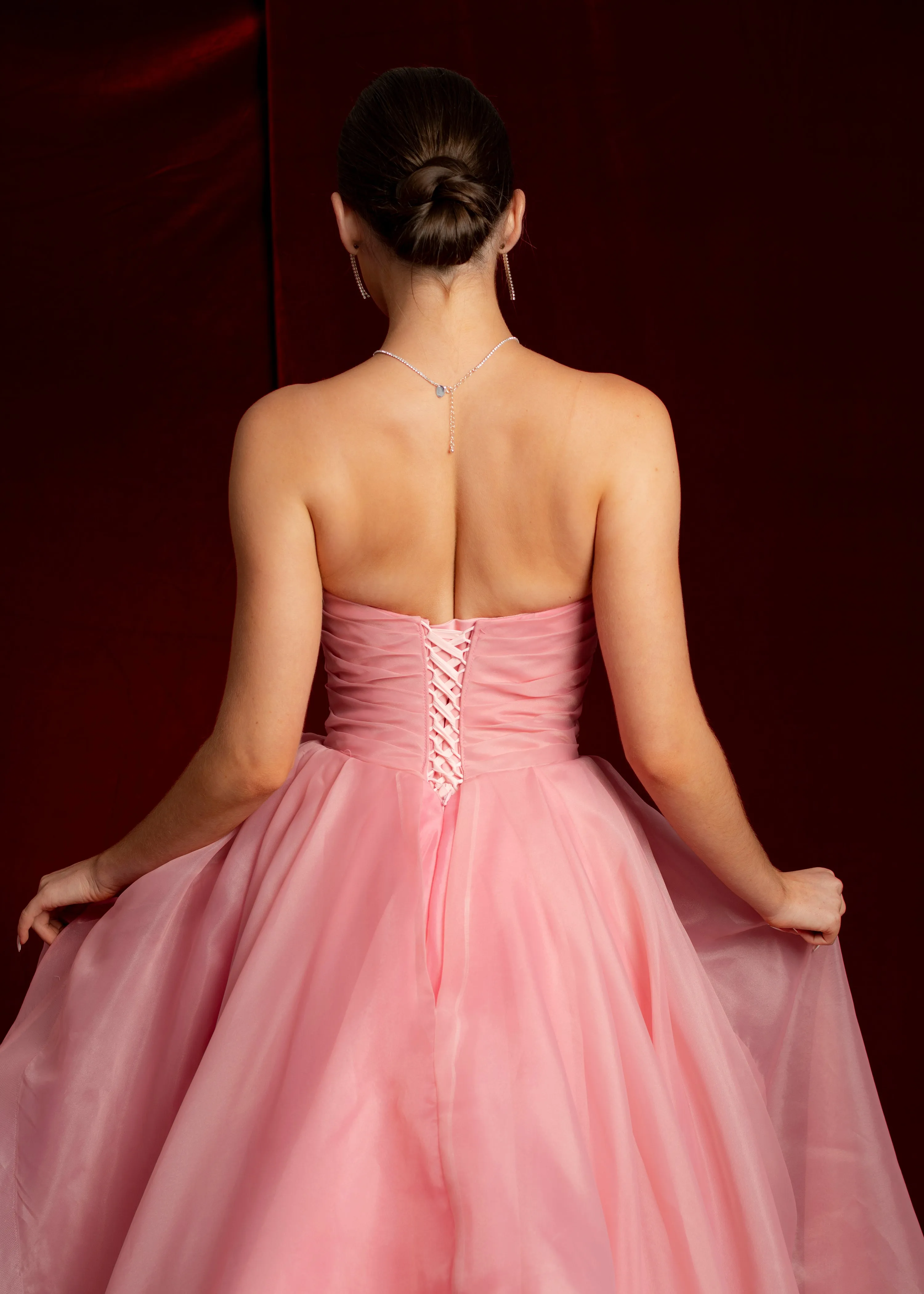 Hot Pink Organza ruffled dress with lace up back